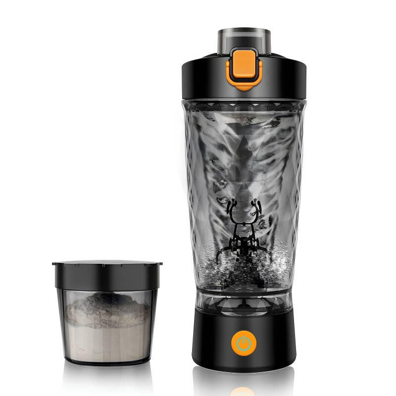 Electric protein shaker bottle, 450 and 650 ml. USB rechargeable, BPA-free plastic.