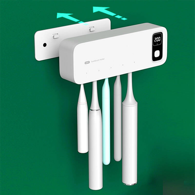 Electric solar UV sterilizing cordless wall-mounted toothbrush sanitizer. Customizable.