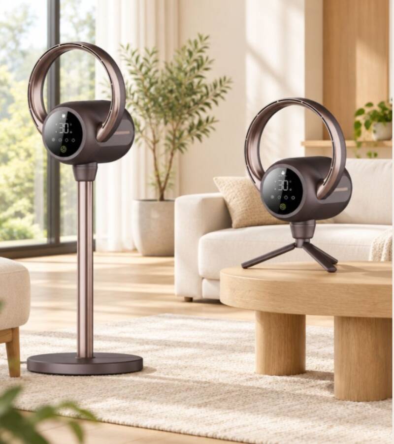 Model:ZK-CR090, 091, ZK-Silent, natural air pedestal/table fan Bladeless, with light, Voltage: 110-240V,  Power: 35W Control: Digital, Power: Electricity App controlled, Timer: 8 settings Adjustable height: Yes