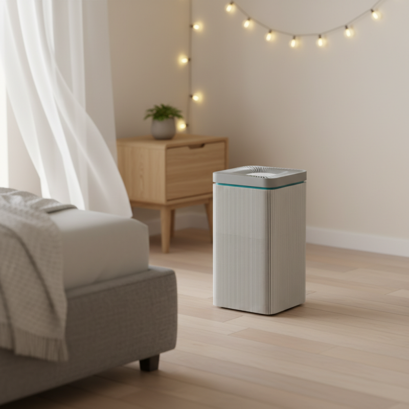 Smart electric air purifier with HEPA 13 filter, LED display, Wi-Fi connectivity, 110V/56W, white. Customizable.