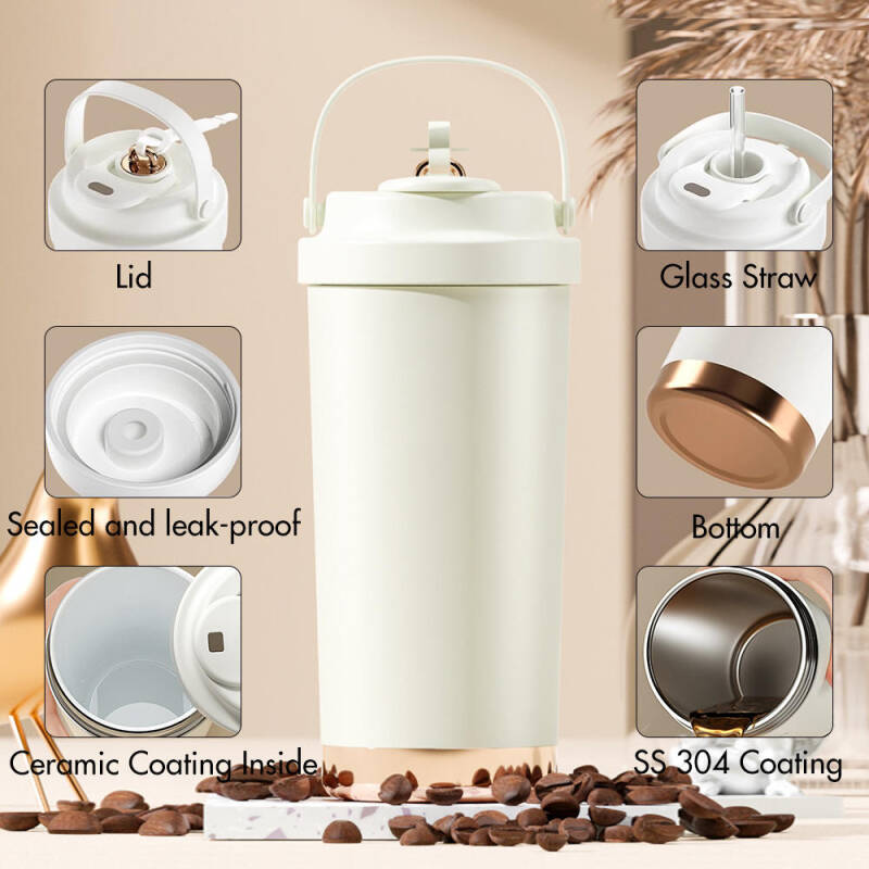 Coffee mug, insulated, with ceramic coating in 316 stainless steel, with straw for hot and cold drinks.