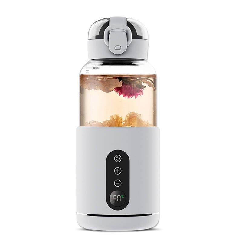 Portable smart mug with USB charging, cools and heats quickly, ideal for travel, 301-500ml, white/blue