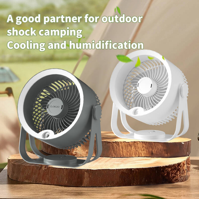Mist fan with water tank, LED light, portable, USB rechargeable, 5W, 3 speeds, black and white. Customizable.