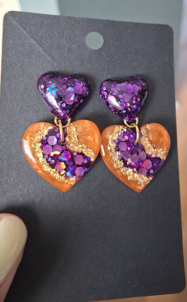 Purple & orange heart oorbellen