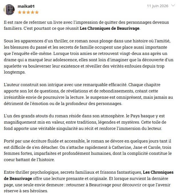 Avis Babelio 5 étoiles sur Les Chroniques de Beaurivage de Jean-Philippe Servy.