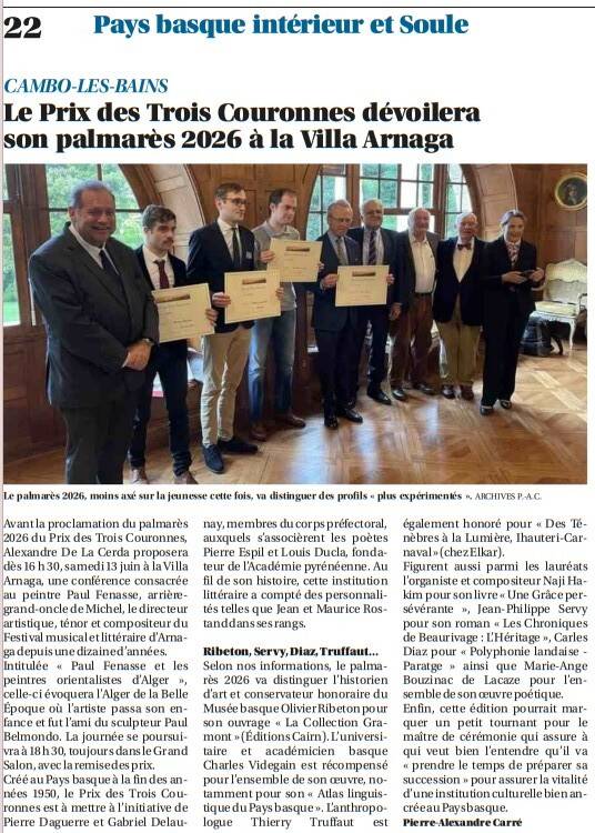 Article du journal Sud Ouest du 10 juin 2026 annonçant la cérémonie du Prix Littéraire des Trois Couronnes 2026 à la Villa Arnaga de Cambo-les-Bains. Les Chroniques de Beaurivage de Jean-Philippe Servy figurent parmi les romans en compétition.