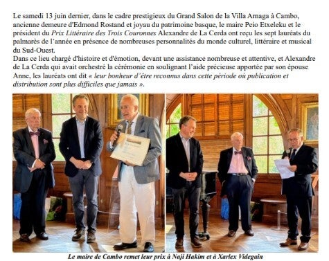 Pages de la Lettre de Baskulture du 19 juin 2026 présentant la cérémonie du Prix Littéraire des Trois Couronnes 2026 et les interventions des lauréats à la Villa Arnaga.