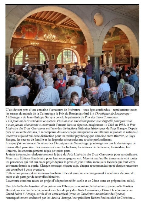 Photographies et article de la Lettre de Baskulture du 19 juin 2026 consacrés au Prix Littéraire des Trois Couronnes 2026 à la Villa Arnaga.