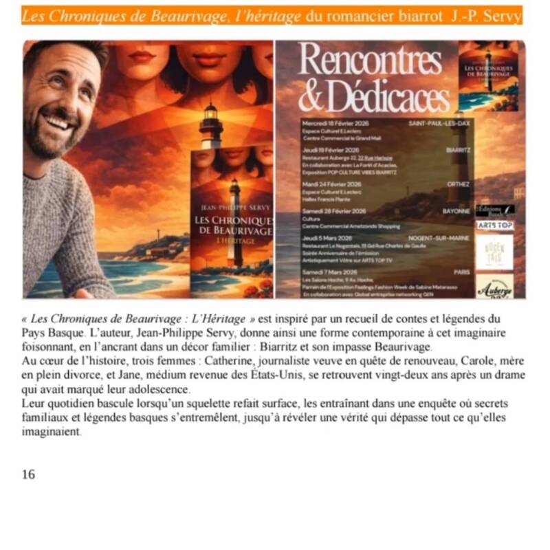Article de la revue culturelle La Lettre BasKulture consacré à l'auteur Jean-Philippe Servy pour son thriller Les Chroniques de Beaurivage.
