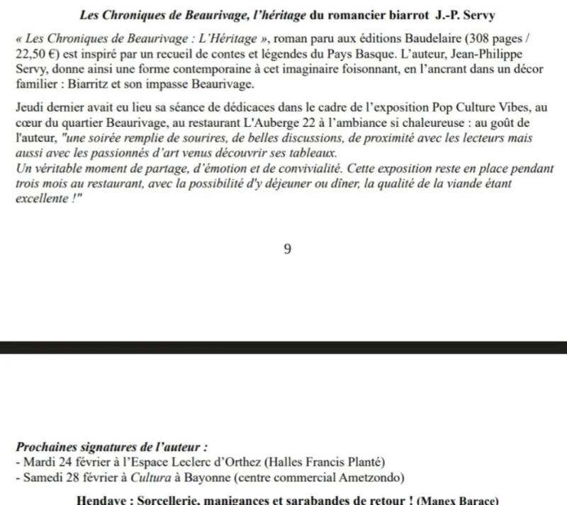Article de la revue culturelle La Lettre BasKulture consacré à l'auteur Jean-Philippe Servy pour son thriller Les Chroniques de Beaurivage.