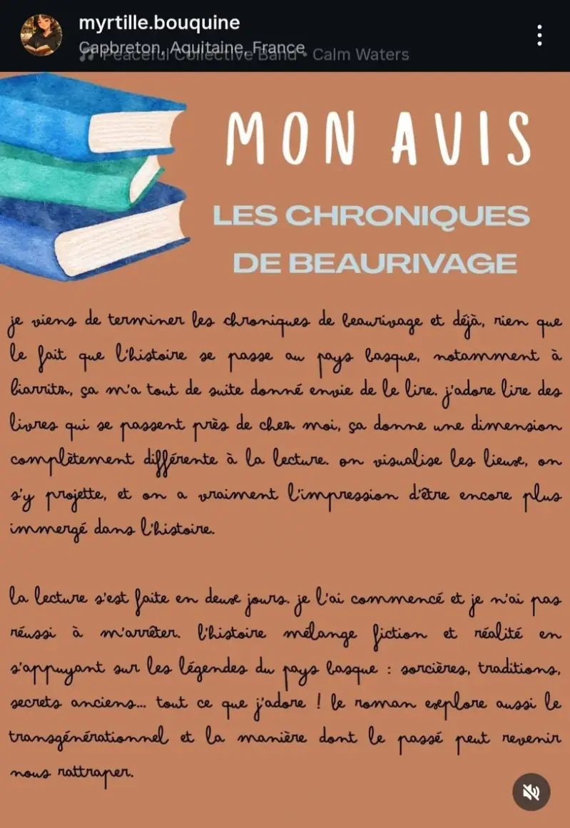Avis Instagram de Myrtille.bouquine sur Les Chroniques de Beaurivage de Jean-Philippe Servy, désigné Coup de cœur du mois et noté 5 étoiles.