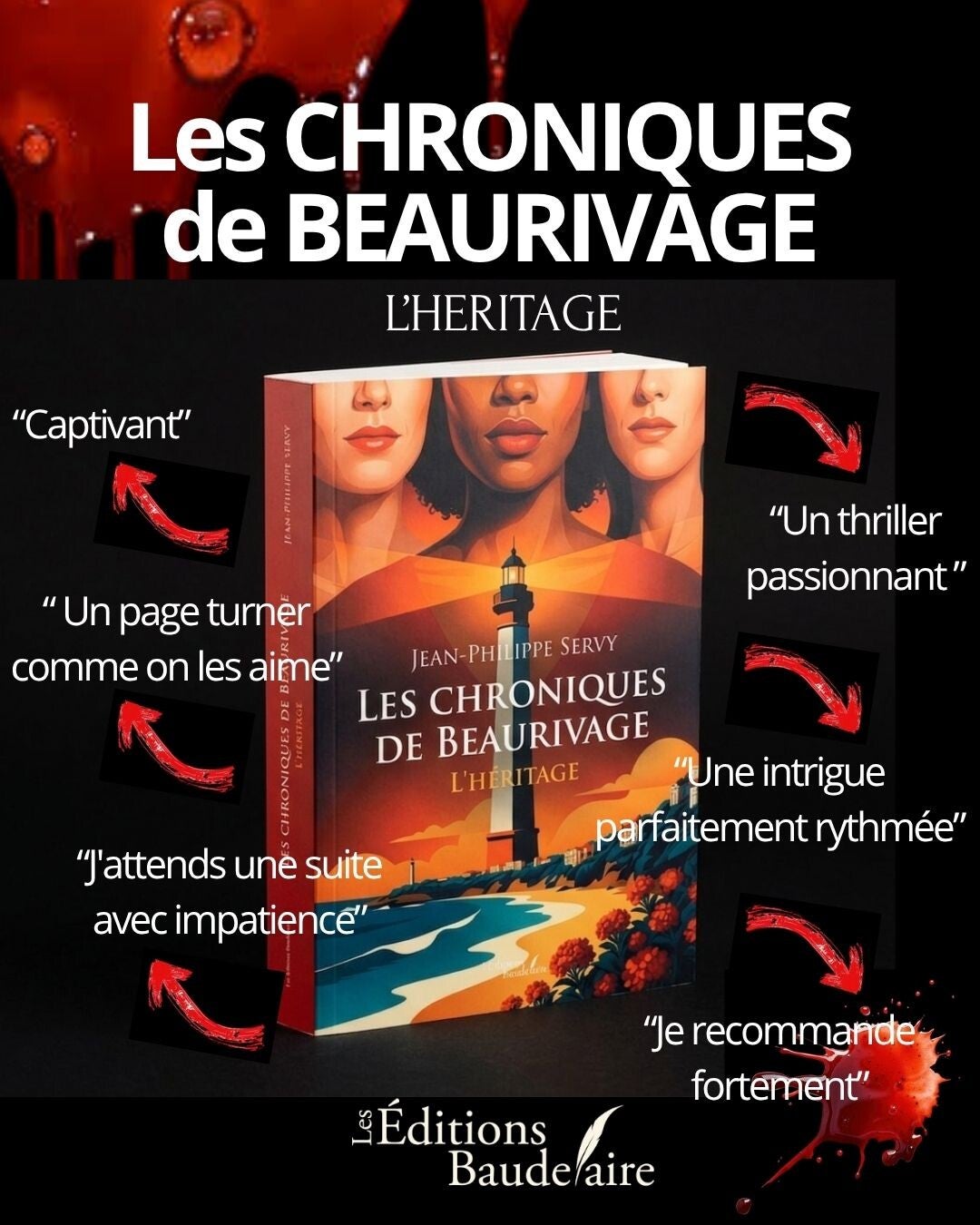 Affiche promotionnelle du thriller français 2026 Les Chroniques de Beaurivage – L'Héritage par Jean-Philippe Servy, un polar psychologique au cœur de Biarritz et des légendes basques.