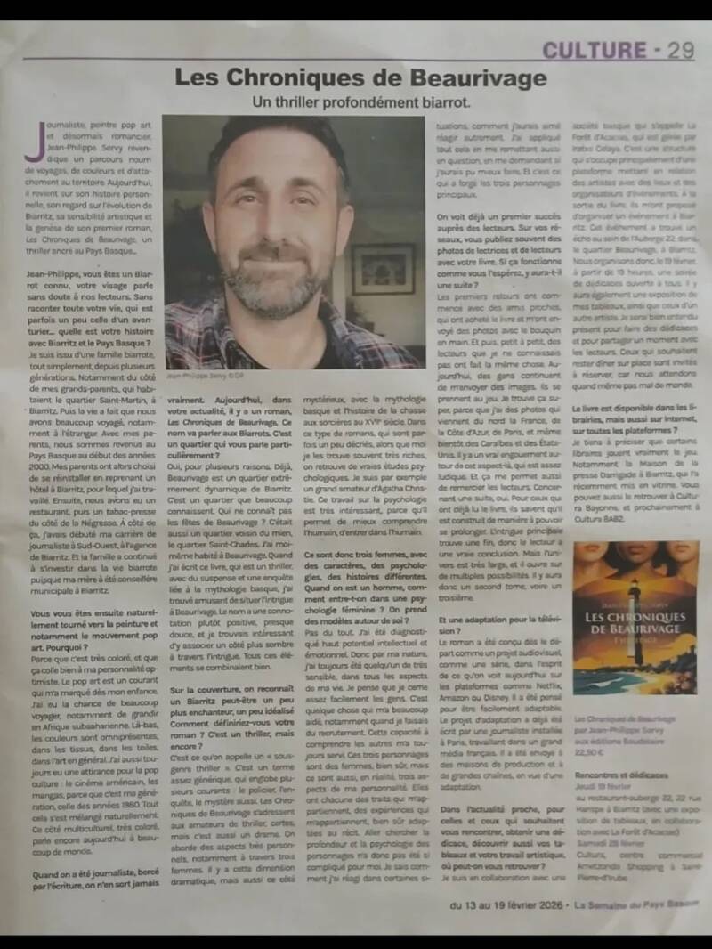 Article du journal La Semaine du Pays Basque dédié à l'auteur Jean-Philippe Servy pour la sortie du thriller Les Chroniques de Beaurivage.