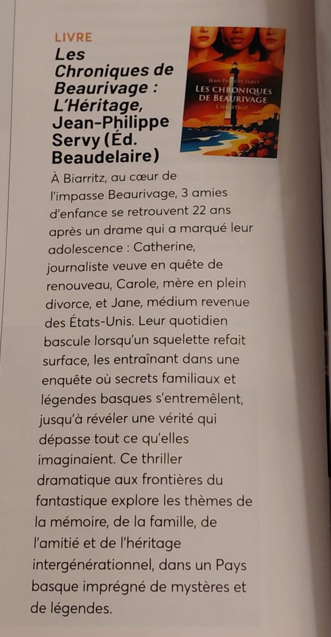 Article du Biarritz Magazine consacré au thriller Les Chroniques de Beaurivage de l'auteur Jean-Philippe Servy.