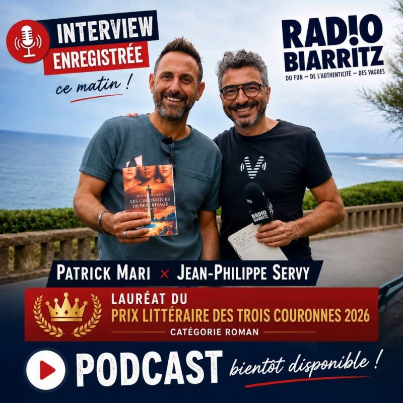 L'auteur Jean-Philippe Servy aux côtés de Patrick Mari à Biarritz lors de l'enregistrement d'une interview pour Radio Biarritz consacrée aux Chroniques de Beaurivage – L'Héritage, lauréat du Prix Littéraire des Trois Couronnes 2026. Podcast prochainement 