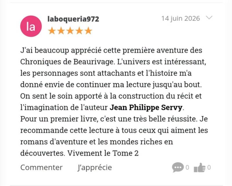 Avis Babelio 5 étoiles sur Les Chroniques de Beaurivage de Jean-Philippe Servy.