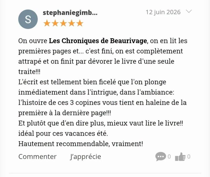 Avis Babelio 5 étoiles sur Les Chroniques de Beaurivage de Jean-Philippe Servy.