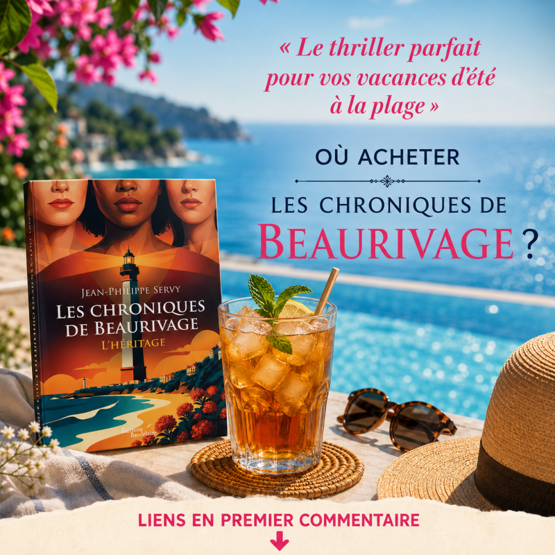 Thriller Les Chroniques de Beaurivage de Jean-Philippe Servy au bord d'une piscine face à la mer. Roman parfait pour les vacances d'été à la plage.