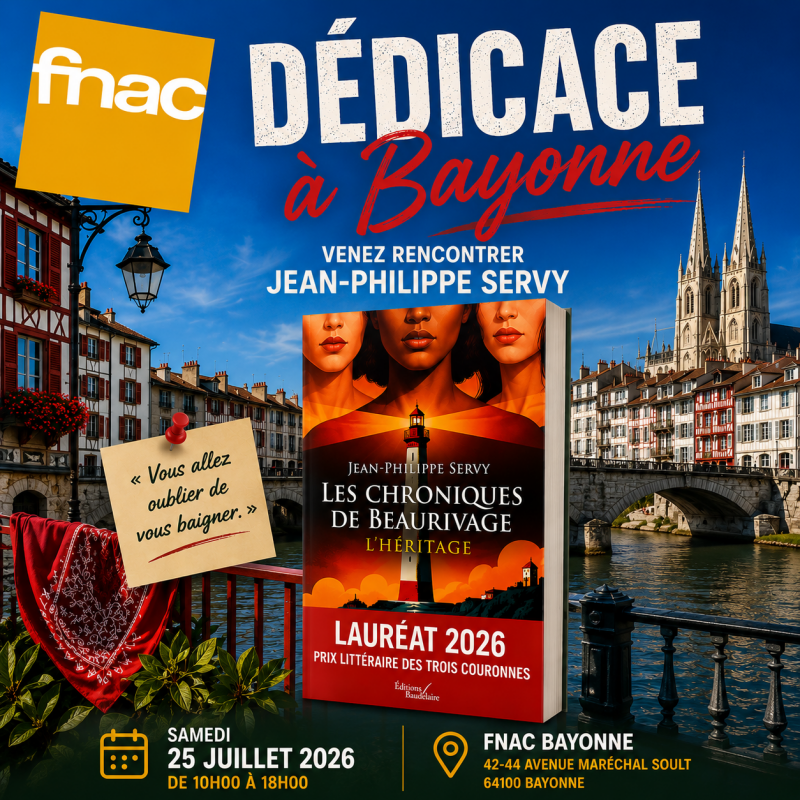 Affiche annonçant la séance de dédicaces de Jean-Philippe Servy à la Fnac Bayonne le 25 juillet 2026. Le visuel met en avant le roman Les Chroniques de Beaurivage – L'Héritage, lauréat du Prix Littéraire des Trois Couronnes 2026,
