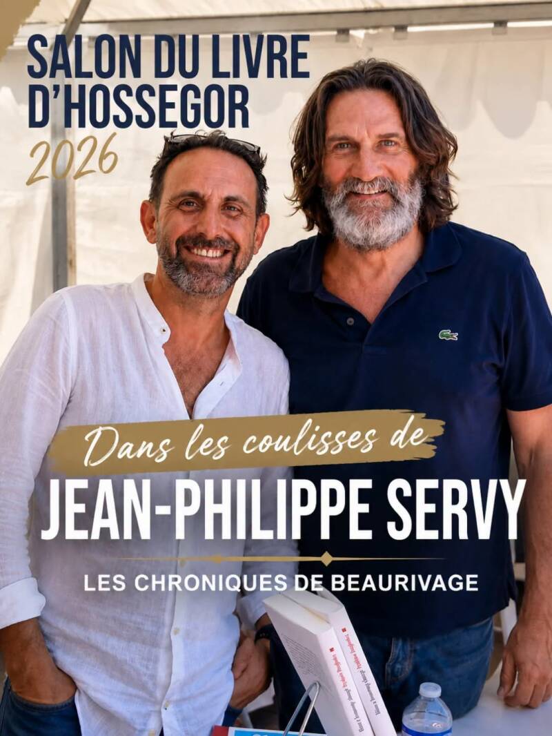 Jean-Philippe Servy, auteur des Chroniques de Beaurivage – L'Héritage (Éditions Baudelaire), thriller 2026 et roman à succès, aux côtés de Frédéric Beigbeder lors du Salon du Livre d'Hossegor 2026. Lauréat du Prix Littéraire des Trois Couronnes 2026.