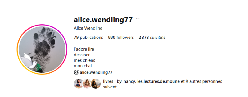 Profil Instagram d'Alice Wendling (@alice.wendling77), lectrice et chroniqueuse partageant son avis sur Les Chroniques de Beaurivage – L’Héritage, roman de Jean-Philippe Servy.