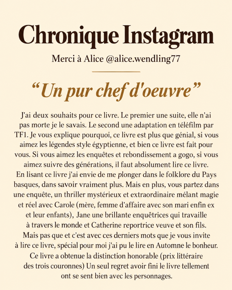 Chronique Instagram d'Alice Wendling qualifiant Les Chroniques de Beaurivage – L’Héritage de « pur chef-d'œuvre ». Avis sur le thriller psychologique de Jean-Philippe Servy, mêlant enquêtes, mystères et légendes basques.