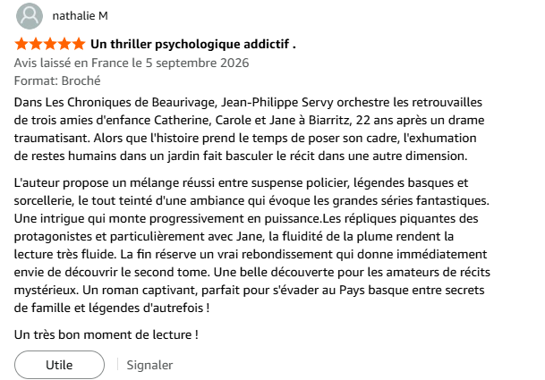Avis 5 étoiles de Nathalie M sur Les Chroniques de Beaurivage de Jean-Philippe Servy