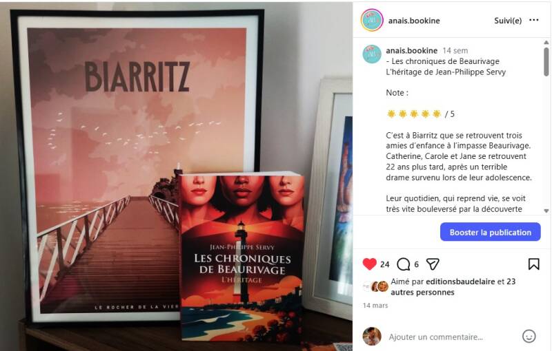 Avis Instagram 5 étoiles d'Anais.bookine sur Les Chroniques de Beaurivage de Jean-Philippe Servy, thriller familial et roman lauréat du Prix Littéraire des Trois Couronnes 2026.