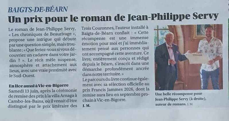 Une du journal Sud Ouest Béarn & Soule du 29 juin 2026 annonçant la parution consacrée à Jean-Philippe Servy et aux ChrArticle de Sud Ouest Béarn & Soule sur Jean-Philippe Servy, le Prix Littéraire des Trois Couronnes 2026 et Les Chroniques de Beaurivage.