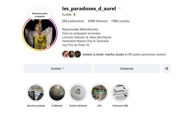 Profil Instagram Les Paradoxes d'Aurel, bookstagrammeuse et bibliothécaire passionnée de thrillers, découvrant Les Chroniques de Beaurivage.