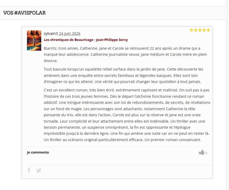 Avis lecteur 5 étoiles publié sur Bepolar pour Les Chroniques de Beaurivage.