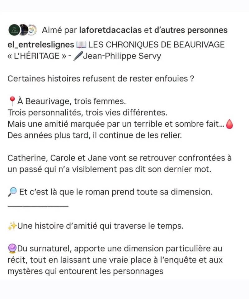 Chronique littéraire Instagram d’@el_entreleslignes sur Les Chroniques de Beaurivage – L’Héritage, thriller psychologique et fantastique 2026 de l’auteur français Jean-Philippe Servy, situé à Biarritz, au Pays basque, en France.
