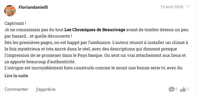 Avis de lecteurs, chroniques littéraires et critiques positives sur Simplement Pro, Babelio, Fnac, Amazon et Cultura pour le thriller Les Chroniques de Beaurivage de Jean-Philippe Servy.