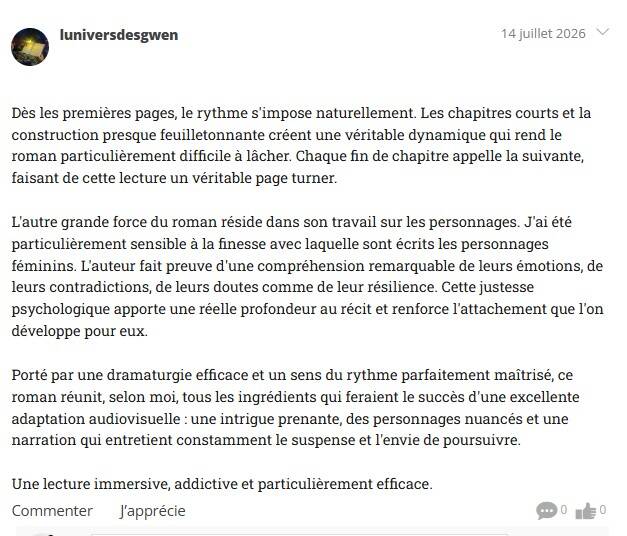 Captures d'écran de la chronique Instagram du Grimoire d'Astranéa consacrée au thriller Les Chroniques de Beaurivage de Jean-Philippe Servy, saluant son rythme, ses personnages et son potentiel d'adaptation audiovisuelle.