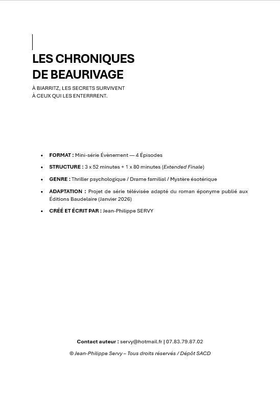 Visuel conceptuel pour le projet d'adaptation en série premium du thriller Les Chroniques de Beaurivage de Jean-Philippe Servy.