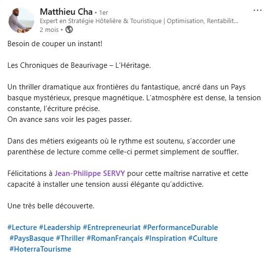 Avis de lecteurs, chroniques littéraires et critiques positives sur Simplement Pro, Babelio, Fnac, Amazon et Cultura pour le thriller Les Chroniques de Beaurivage de Jean-Philippe Servy.