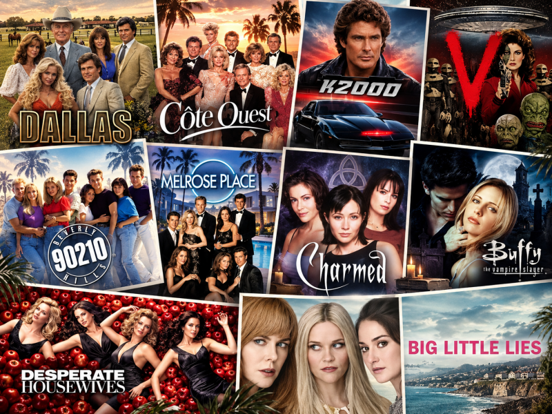 Collage des influences audiovisuelles de Jean-Philippe Servy : Dallas, Côte Ouest, K2000, V, Beverly Hills 90210, Melrose Place, Charmed, Buffy, Desperate Housewives et Big Little Lies
