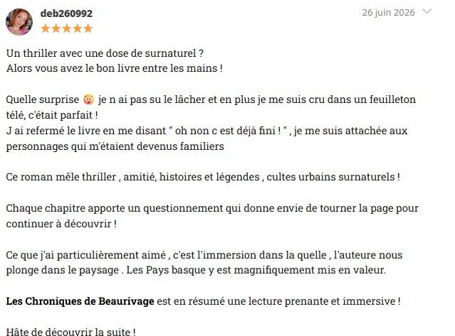 Capture d'écran d'un avis 5 étoiles publié sur Babelio pour Les Chroniques de Beaurivage – L'Héritage.