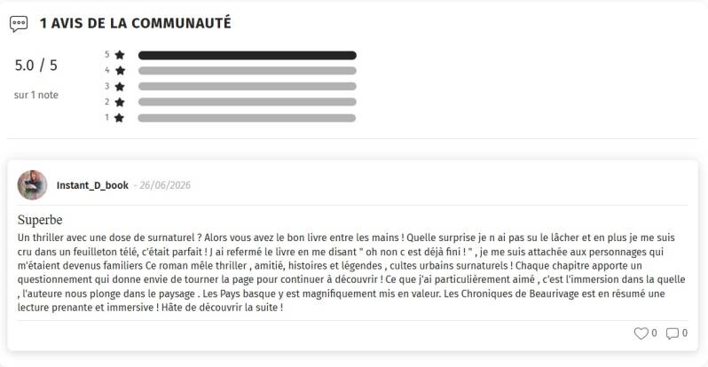Gleeph, l'une des principales plateformes communautaires dédiées aux lecteurs, accueille désormais un avis 5 étoiles consacré à Les Chroniques de Beaurivage – L'Héritage de Jean-Philippe Servy.  Publié de manière totalement indépendante par une lectrice p