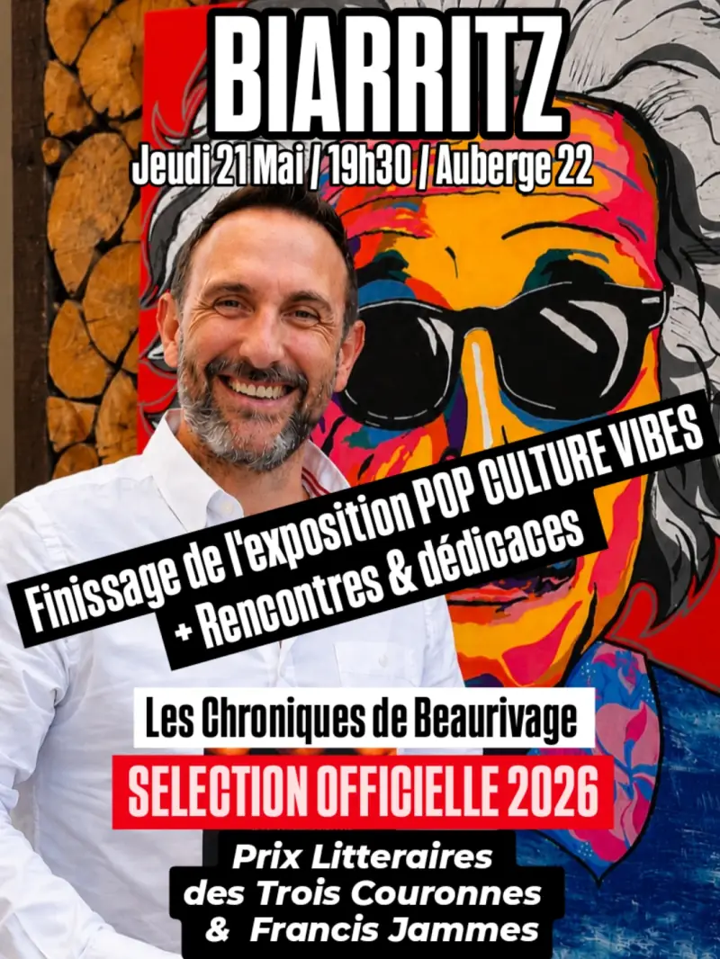 L'auteur et artiste pop art Jean-Philippe Servy lors de son exposition Pop Culture Vibes et sa dédicace pour le thriller Les Chroniques de Beaurivage à l'Auberge 22 à Biarritz.