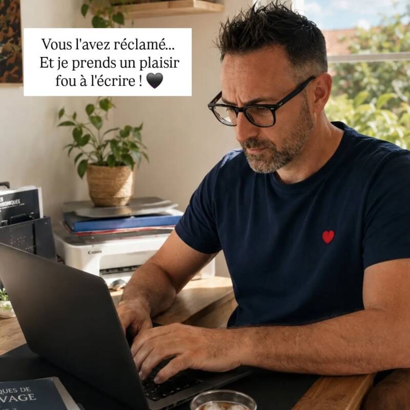 L'auteur Jean-Philippe Servy écrit le tome 2 des Chroniques de Beaurivage à son bureau. Roman thriller de l'été 2026, lecture idéale pour la plage et la piscine.