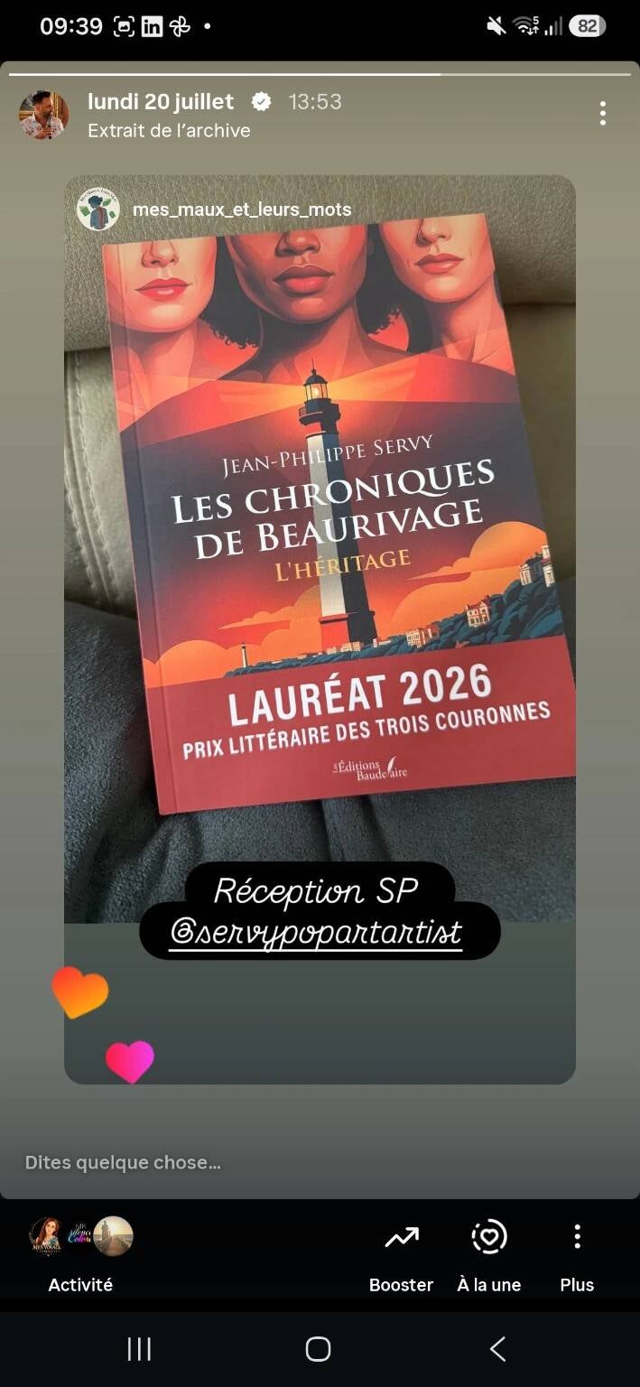 Publication Instagram de la bookstagrammeuse belge Mes maux et leurs mots annonçant la réception en service presse des Chroniques de Beaurivage – L'Héritage de Jean-Philippe Servy. Le visuel présente le roman lauréat du Prix Littéraire des Trois Couronnes