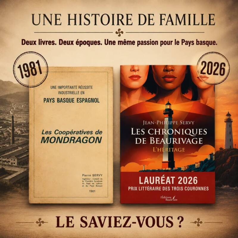 Visuel comparant les livres de Pierre Servy (1981) et Jean-Philippe Servy (2026), illustrant une histoire familiale autour du Pays basque et du thriller Les Chroniques de Beaurivage.