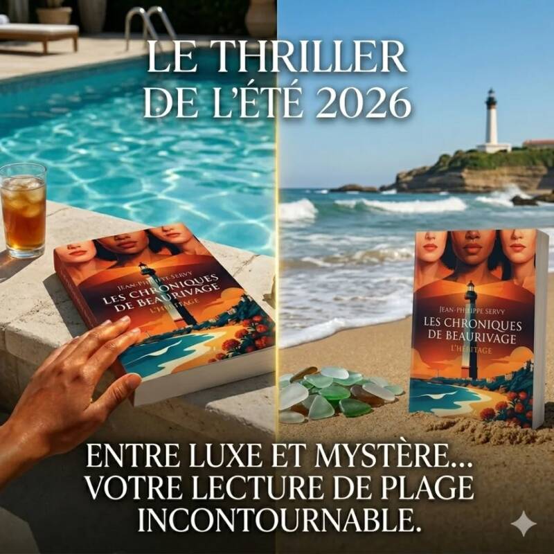 Livre Les Chroniques de Beaurivage posé au bord d'une piscine et sur le sable d'une plage pour une lecture de vacances d'été.