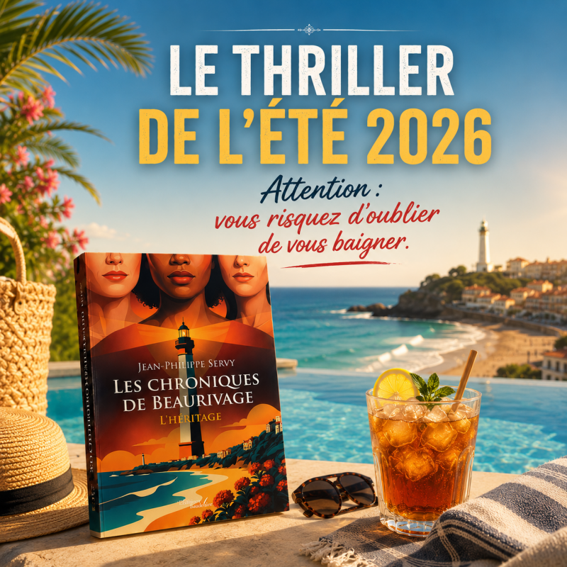Couverture du roman Les Chroniques de Beaurivage de Jean-Philippe Servy, thriller psychologique se déroulant à Biarritz et sur la Côte Basque, présenté dans une ambiance estivale de vacances avec piscine, océan et soleil.