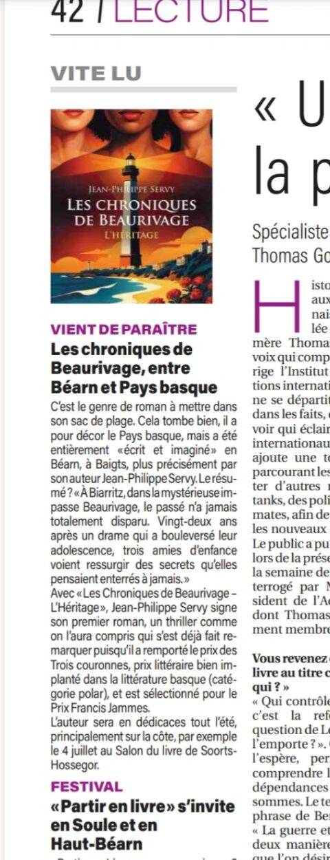 Article de La République des Pyrénées consacré à Les Chroniques de Beaurivage – L'Héritage de Jean-Philippe Servy. Le quotidien présente ce thriller psychologique entre Béarn et Pays basque comme une lecture idéale de l'été 2026 et revient sur le Prix Lit