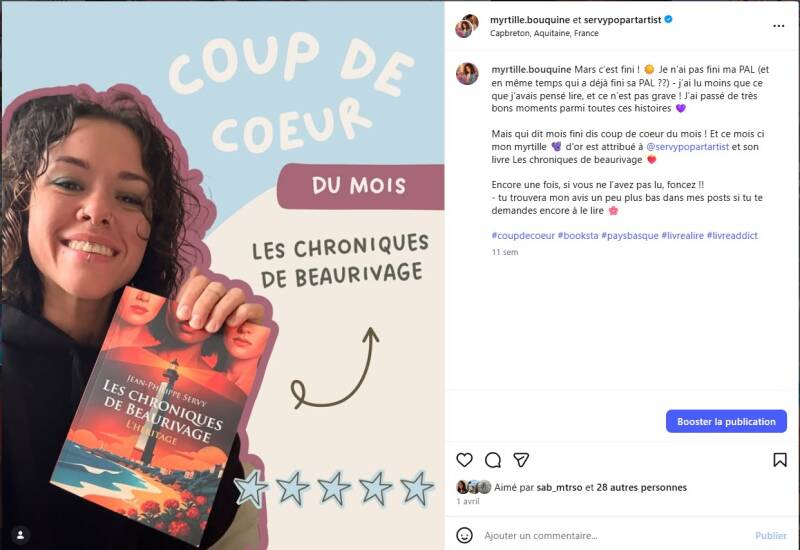 Avis Instagram de Myrtille.bouquine sur Les Chroniques de Beaurivage de Jean-Philippe Servy, désigné Coup de cœur du mois et noté 5 étoiles.