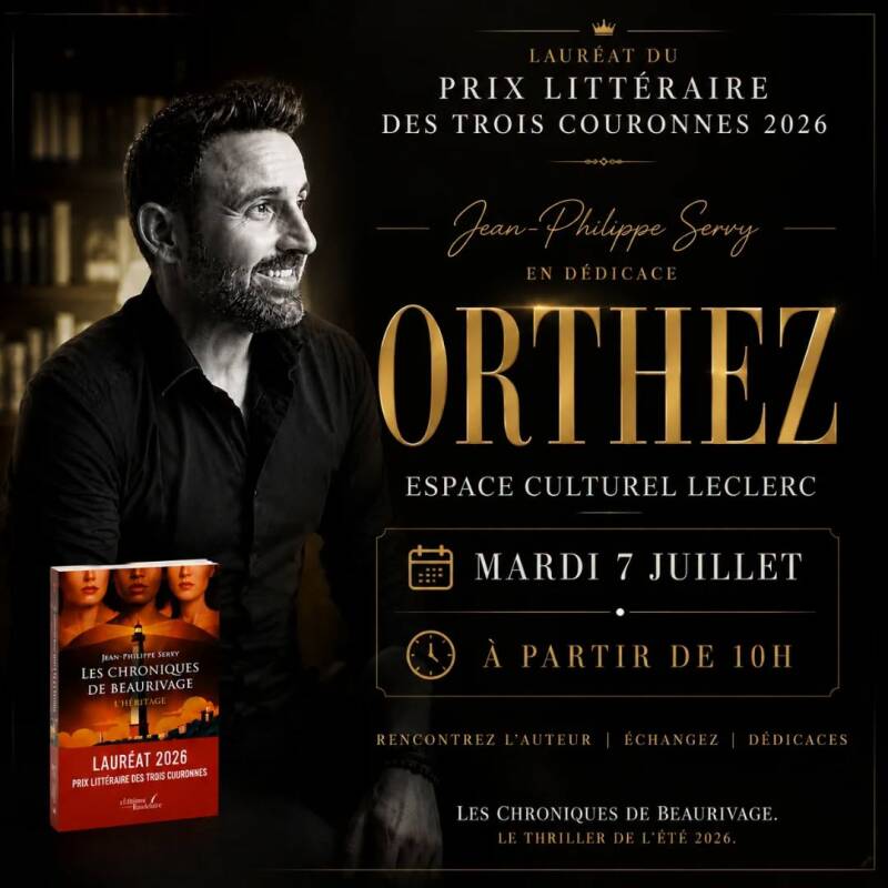 Jean-Philippe Servy en dédicace à l'Espace Culturel E.Leclerc d'Orthez pour son thriller Les Chroniques de Beaurivage, lauréat du Prix Littéraire des Trois Couronnes 2026.