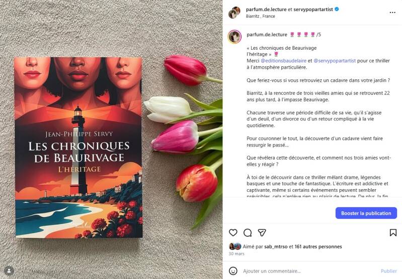 Avis Instagram 5 tulipes de Parfum.de.lecture sur Les Chroniques de Beaurivage de Jean-Philippe Servy, thriller lauréat du Prix Littéraire des Trois Couronnes 2026.