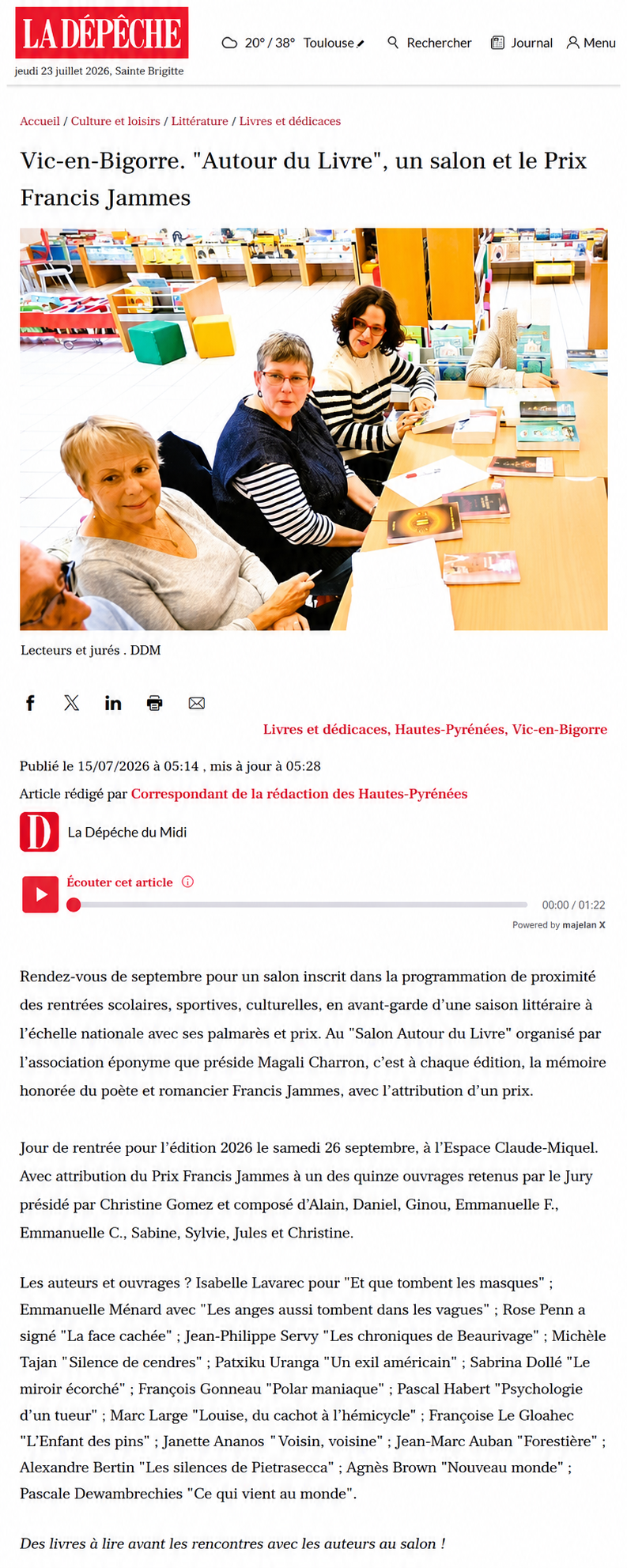 Article de La Dépêche du Midi annonçant la sélection officielle des Chroniques de Beaurivage de Jean-Philippe Servy parmi les quinze ouvrages retenus pour le Prix littéraire Francis Jammes 2026, remis lors du Salon Autour du Livre à Vic-en-Bigorre.